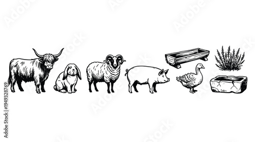 A set of eight hand-drawn farm animals and objects, including a cow, pig, and troughs, is shown in a black and white sketch style.