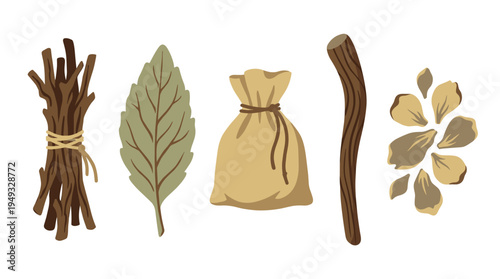 A collection of five rustic, hand-drawn elements including twigs, a leaf, a sack, a stick, and petals is isolated on a white background.