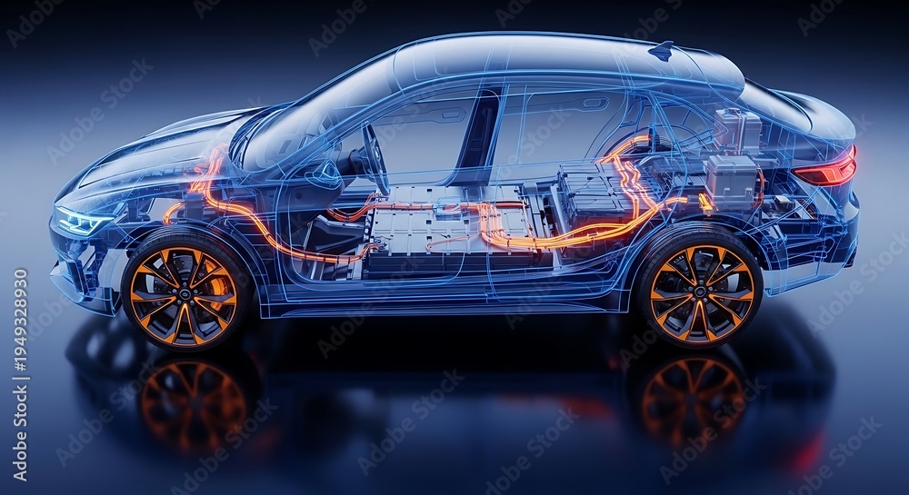 Naklejka premium Transparent side view illustration of a car revealing its internal systems and orange wiring