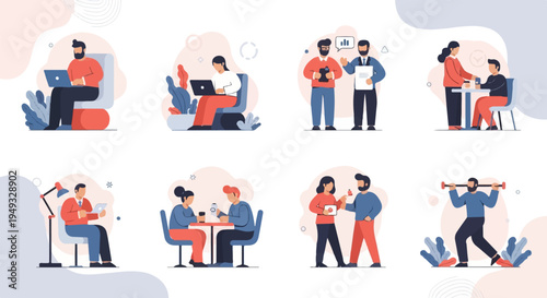 Diverse group of people engaged in various daily activities, from work to leisure