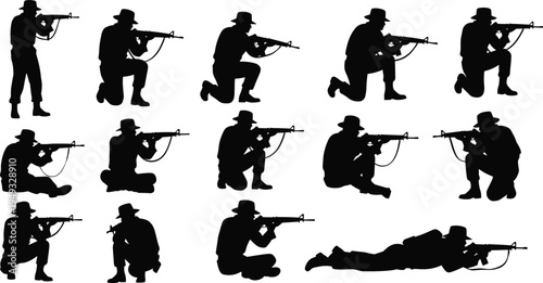 Soldier silhouettes aiming rifle set military combat poses vector illustration isolated army soldier action collection