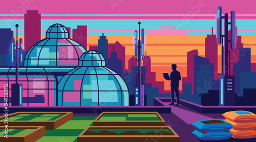 A futuristic pixel art scene depicts a smart urban farm on a rooftop with greenhouses and 5G towers at sunset.