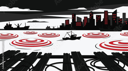 A graphic illustration depicts a harbor with a fishing boat on water marked with targets, set against a city skyline in a stark red, white, and black color scheme.