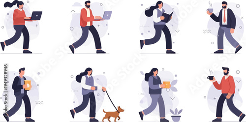 Diverse group of people engaged in various daily activities on a white background