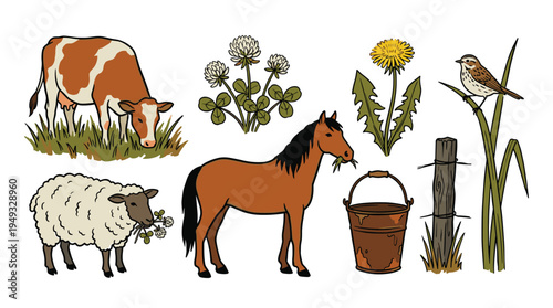 A set of hand-drawn farm life illustrations featuring a cow, sheep, horse, and various plants isolated on a white background.