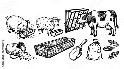 A set of hand-drawn black and white sketches shows various farm animals eating and the equipment used to feed them.