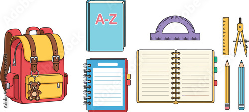 school supplies vector illustration set, backpack notebook ruler pencils compass and book, education stationery collection, back to school learning tools