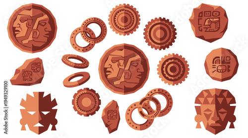 A set of ancient artifact illustrations, including carved coins, masks, and tablets from a lost civilization, depicted in a terracotta color scheme.