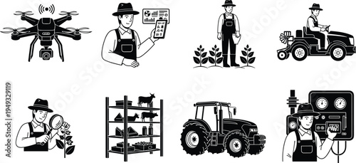 Smart agriculture farming technology vector illustration set, farmer drone tractor crop monitoring livestock management and modern precision farming system icons