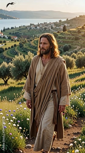Jesus Christ walking calmly through lush green Galilean hills at golden hour vertical video