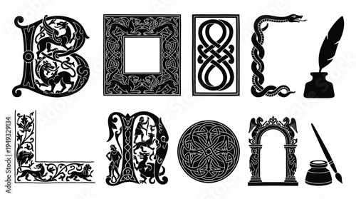 A set of black silhouette medieval and Celtic decorative elements, including illuminated letters, knotwork frames, and writing tools.