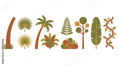 A set of stylized tropical plants and jungle foliage, including palm trees and exotic leaves, illustrated in a flat design style.
