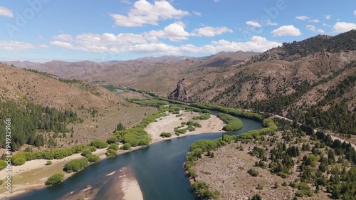 Aerial 4K view of Valle Encantado and Limay River near Bariloche and Neuquen. Cinematic drone footage of the winding river and unique rock formations in Patagonia, Argentina.