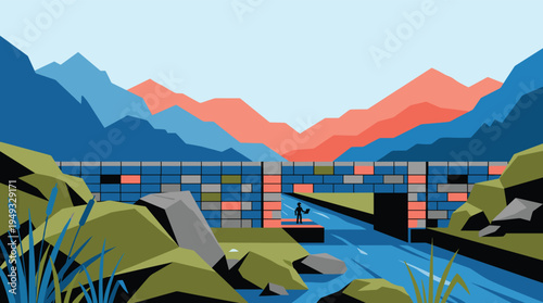 A solitary figure with a laptop stands by a river flowing under a colorful stone bridge in a stylized mountain landscape.