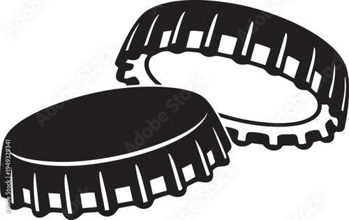 Two dark blue bottle caps on a cream background one lying flat and the other on its side illustration