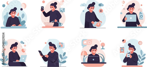 Diverse depictions of individuals engaged with technology and everyday tasks