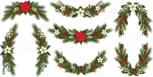 Comprehensive Hand Drawn Vector Collection of Festive Christmas Floral Swags Featuring Red Poinsettias White Flowers Pine Branches and Pinecones for Holiday Decor