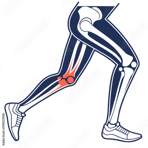 A vector graphic illustration of a runner's leg with highlighted knee joint and bones