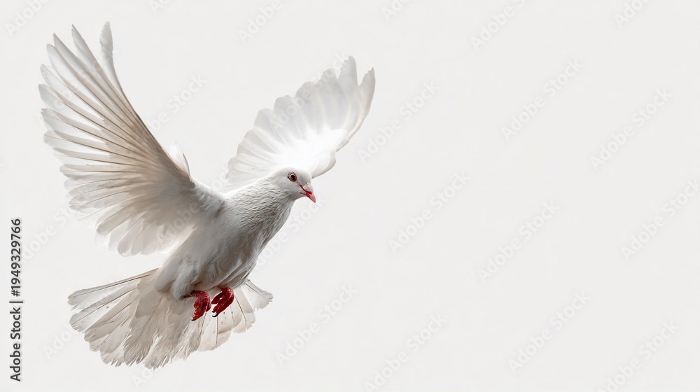 Fototapeta premium White dove soars in flight with spread wings, on a clean light background