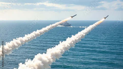 Anti-ship missiles launching from coastal battery toward naval vessel. Military defense exercise with surface-to-air projectiles over ocean. Tilting and panning camera movement.