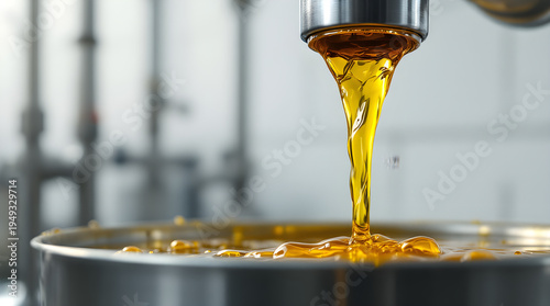 Golden viscous liquid flowing into container