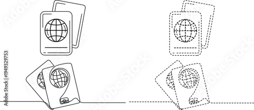 Minimalist continuous line art illustrations of travel passports in solid and dashed outline styles Vector