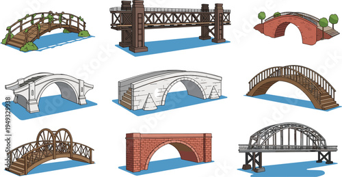 Comprehensive Vector Collection Featuring Various Bridge Designs Including Suspension Stone Arch Wooden and Oriental Styles for Architectural and Civil Engineering Projects