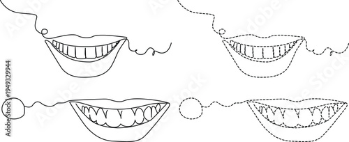 Minimalist continuous line art illustrations of smiling mouths with solid and dashed line styles Vector
