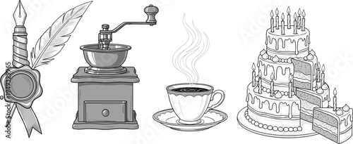 Vintage objects sketch set wax seal feather pen coffee grinder cup and birthday cake vector illustration isolated retro collection