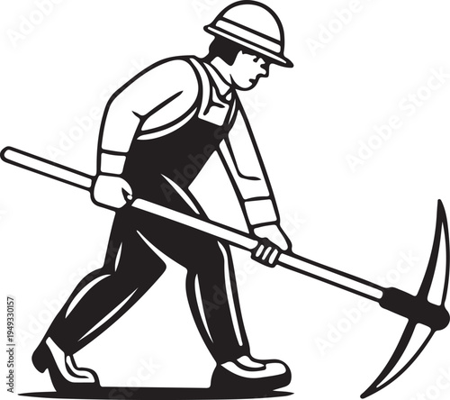 A black vector illustration of a male worker with a shovel and a hockey player athlete in winter action silhouette
