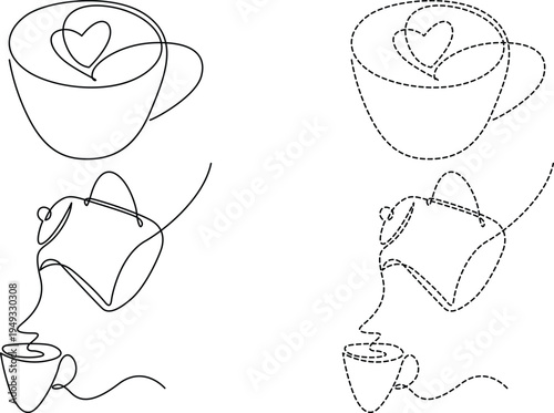 Minimalist line art collection featuring coffee cups and a teapot for creative design projects Vector