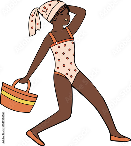 A slim glamour model in a bikini and fashion dress carries a suitcase and bag at the beach in this cartoon vector illustration of a beautiful pinup lady