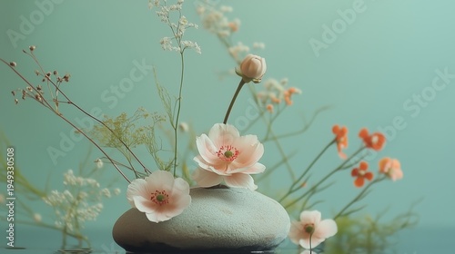 Fresh Flowers Arranged on a Smooth Stone With Water and Soft Background in a ...