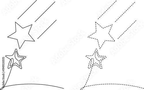 A worksheet for children featuring shooting stars with solid and dashed lines for tracing practice Vector