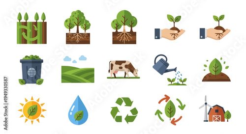 Ecology and Environmental Sustainability Icons: Nature, Agriculture, Recycling, Growth & Green Energy Concepts
