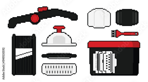 A complete set of a pixel art mandoline slicer with multiple blades and accessories is displayed on a white background.