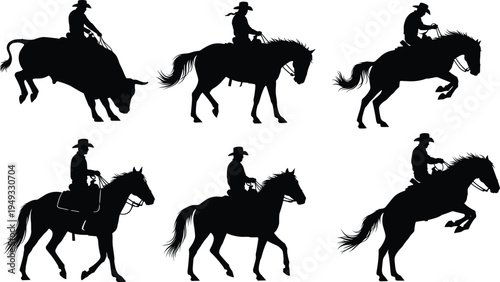 Cowboy riding horse silhouettes set western rodeo rider and bucking horse vector illustration isolated wild west cowboy action collection
