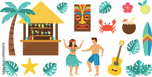 Hawaiian Luau Tropical Icon Set with Tiki Bar Palm Tree Hula Dancer Couple Ukulele Surfboard Coconut Cocktail Tiki Mask Crab Hibiscus and Beach Elements for Summer Party Designs