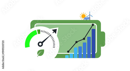 Green Energy Battery with Performance Gauge & Growth Chart for Renewable Power & Sustainability