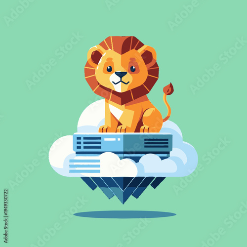 Digital Data Security: Cute Lion Mascot on Cloud Server Icon. Reliable Cloud Computing Storage, Strong Protection Concept.