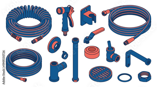An isometric collection of blue and orange garden hose parts and plumbing fittings is displayed against a plain background.