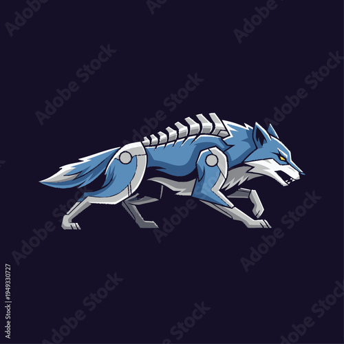 Dynamic Blue Robotic Wolf Illustration with Bionic Spine and Legs - Futuristic Cybernetic Animal Design for Gaming and Technology
