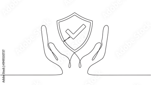 Shield with checkmark icon and cradling hands in continuous line art style, representing protection and security.