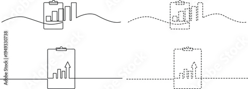 Minimalist continuous line art illustrations of business clipboard charts and financial trends Vector
