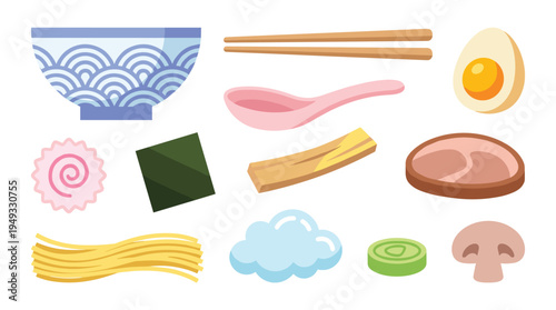 A collection of twelve illustrated ramen noodle soup ingredients, including a bowl, noodles, pork, and an egg, is laid out on a white background.
