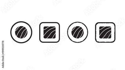 Sushi rolls icons with black filling and white outline in circular and square shapes, simple minimalist design elements