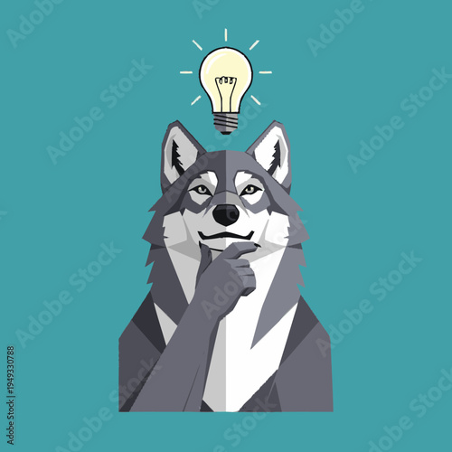 Creative geometric wolf illustration with a glowing lightbulb above its head, symbolizing a new idea or inspiration while thinking.