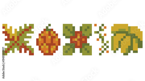 Five distinct pixel art plant icons, including a pumpkin and bananas, are arranged horizontally on a clean white background.