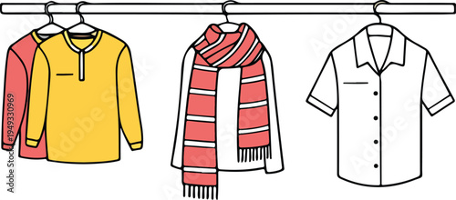 A professional vector illustration template featuring fashion apparel like shirts, jackets, and casual cotton clothing on hangers for sale in a stylish textile garment display