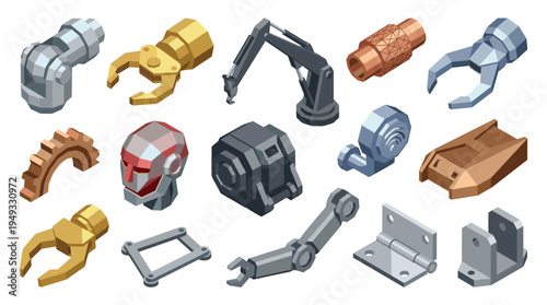 Fifteen isometric icons of various robotic and mechanical parts in metallic colors are isolated on a white background.